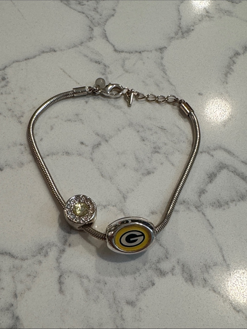 Green Bay Packers Silver-Tone Charm Bracelet with Yellow Green Logo